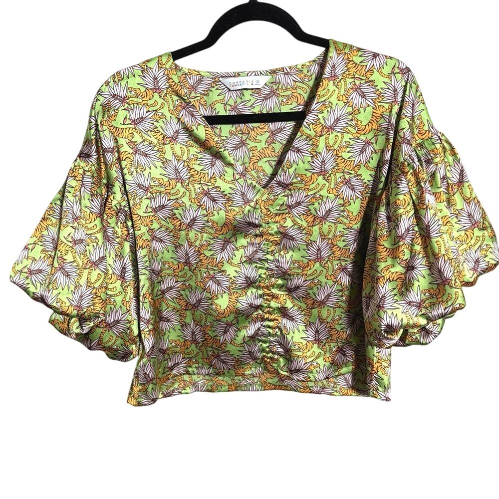 Compania Fantastic Puff Sleeve Green Tiger Top Sz Small Safari Animal